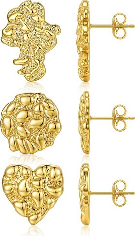 3 Pairs 14K Gold Plated Nugget Earrings for Men Rough Textured Stud Earrings Set Hypoallergenic Surgical Steel Stud Round Cookie Heart Gifts for Women Unisex in Saudi Arabia