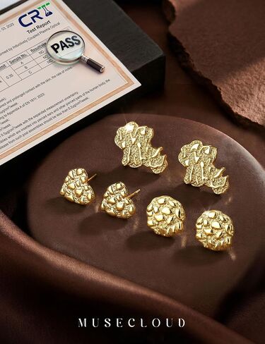 3 Pairs 14K Gold Plated Nugget Earrings for Men Rough Textured Stud Earrings Set Hypoallergenic Surgical Steel Stud Round Cookie Heart Gifts for Women Unisex in Saudi Arabia