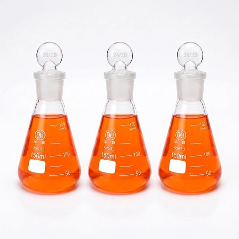 HUAOU Scientific 150ml Erlenmeyer Conical Flasks Set with Ground Glass Stoppers, Graduated 3.3 Borosilicate Glass, Pack of 3 in Kuwait
