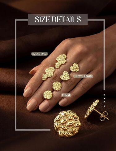 3 Pairs 14K Gold Plated Nugget Earrings for Men Rough Textured Stud Earrings Set Hypoallergenic Surgical Steel Stud Round Cookie Heart Gifts for Women Unisex in Saudi Arabia