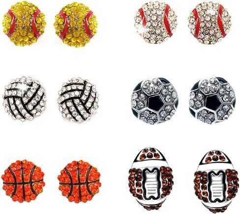 6 Pair Upgrade Unique Rhinestone Stud Earrings Cute Basketball Volleyball Baseball Football Rugby Shiny Crystal Sport Earrings for Women Gift in Saudi Arabia