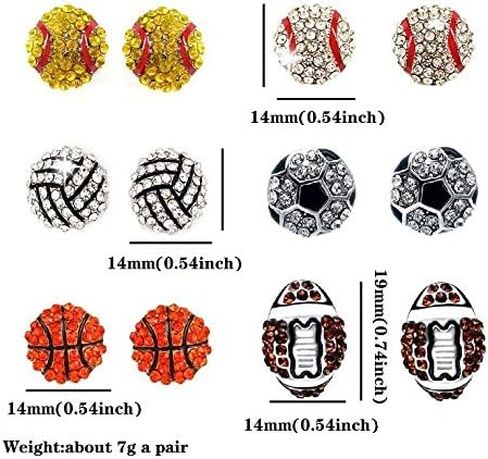 6 Pair Upgrade Unique Rhinestone Stud Earrings Cute Basketball Volleyball Baseball Football Rugby Shiny Crystal Sport Earrings for Women Gift in Saudi Arabia