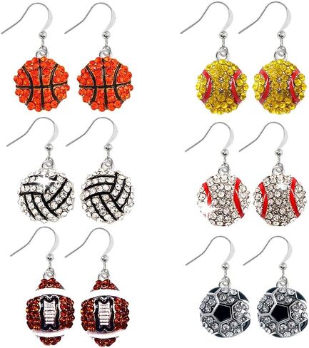 6 Pair Upgrade Unique Rhinestone Stud Earrings Cute Basketball Volleyball Baseball Football Rugby Shiny Crystal Sport Earrings for Women Gift in Saudi Arabia
