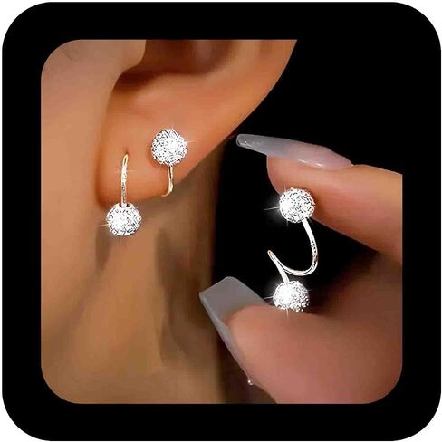 Silver Paved Crystal Ball Earrings Sparkling Rhinestone Double Ball Stud Earrings Disco Bead Stud Earring Jewelry for Women in Saudi Arabia