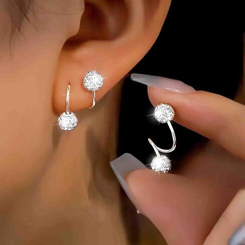 Silver Paved Crystal Ball Earrings Sparkling Rhinestone Double Ball Stud Earrings Disco Bead Stud Earring Jewelry for Women in Saudi Arabia