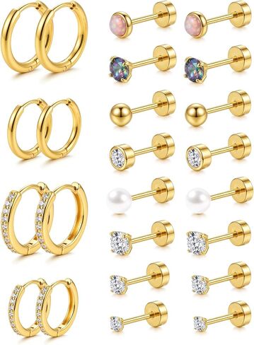 14K Gold Plated Hypoallergenic Earring Stack Set, Surgical Steel Flat Back & Screw Back Studs, Multi‑Size Small Huggie Hoops, Nickel‑Free CZ Pearl Opal Cartilage Earrings, Comfortable Sleeping Piercing Jewelry for Sensitive Ears Women & Men in Kuwait