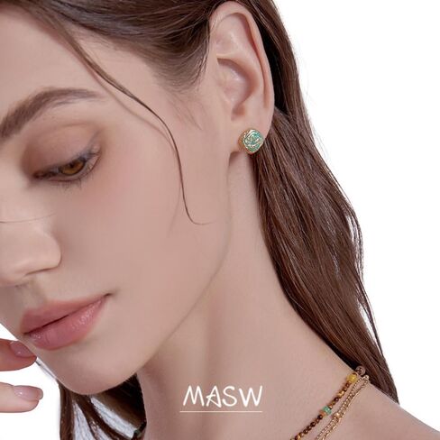 Vintage Fashion Green Flower stud Earrings Exquisite and Compact Geometric Square Gold Plated Women's Earrings M3395 in Saudi Arabia