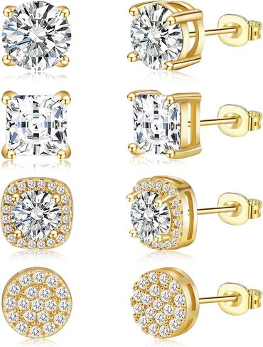 4Pairs Stud Earrings for Women - 14K Gold Plated/Sterling Silver Hypoallergenic Diamond Earrings Studs Dainty Earring Stack Small Stud Earring Sets for Multiple Piercing Trendy Jewelry Gifts in Saudi Arabia