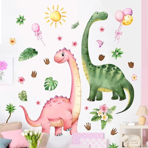 Dinosaur Wall Decals for Kids Room, Large Dinosaur Nursery Stickers with Tropical Leaves, Butterflies & Sun, Peel and Stick Wall Art for Boys Girls, Removable Home Decor (Pink&Green) in Saudi Arabia