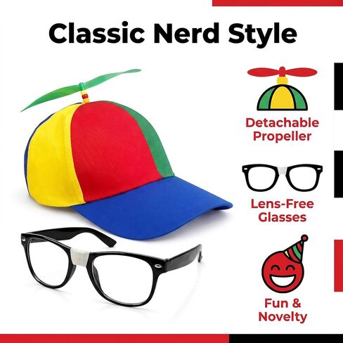 Propeller Hat and Nerd Glasses Set – Colorful Propeller Hat with Detachable Helicopter Blade & Taped Nerd Glasses Funny Costume Accessory for Adults, Halloween Party, & Photo Booth Props in Saudi Arabia