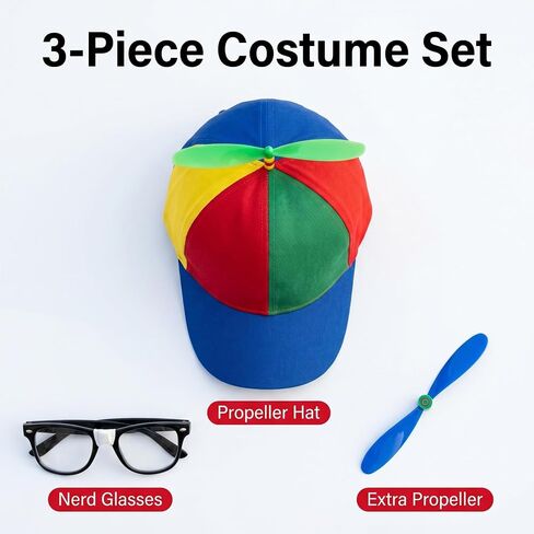 Propeller Hat and Nerd Glasses Set – Colorful Propeller Hat with Detachable Helicopter Blade & Taped Nerd Glasses Funny Costume Accessory for Adults, Halloween Party, & Photo Booth Props in Saudi Arabia