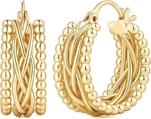 Gold Earrings for Women Gold Hoop Earrings 14K Gold Hoop Earrings for Women Hoops Layered Braided and Tiny Bead-Edge Hoops Earring for Womens Earring 23.3mm in Kuwait