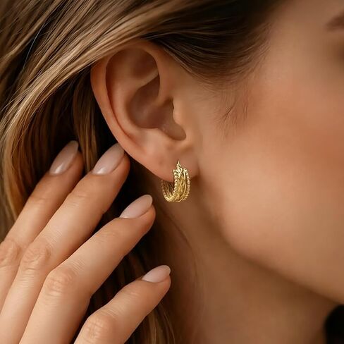 Gold Earrings for Women Gold Hoop Earrings 14K Gold Hoop Earrings for Women Hoops Layered Braided and Tiny Bead-Edge Hoops Earring for Womens Earring 23.3mm in Kuwait