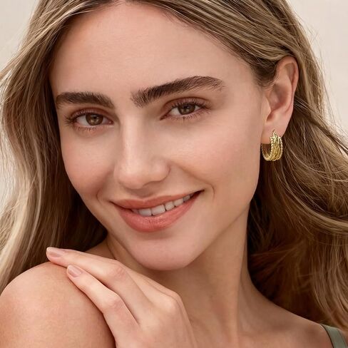 Gold Earrings for Women Gold Hoop Earrings 14K Gold Hoop Earrings for Women Hoops Layered Braided and Tiny Bead-Edge Hoops Earring for Womens Earring 23.3mm in Kuwait