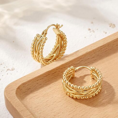 Gold Earrings for Women Gold Hoop Earrings 14K Gold Hoop Earrings for Women Hoops Layered Braided and Tiny Bead-Edge Hoops Earring for Womens Earring 23.3mm in Kuwait