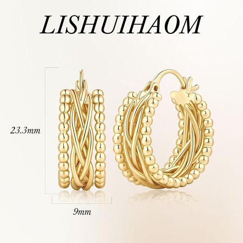 Gold Earrings for Women Gold Hoop Earrings 14K Gold Hoop Earrings for Women Hoops Layered Braided and Tiny Bead-Edge Hoops Earring for Womens Earring 23.3mm in Kuwait