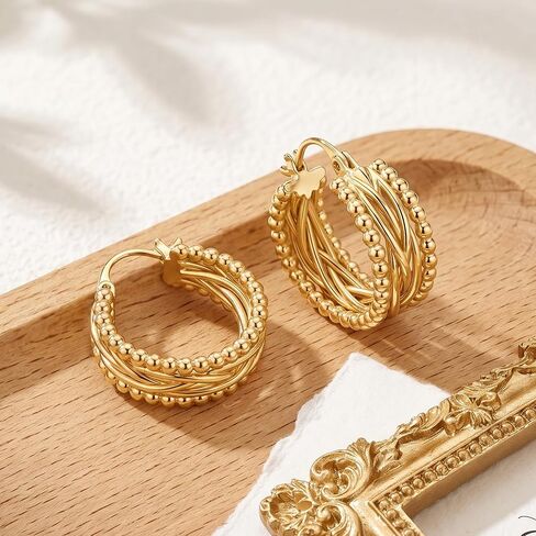 Gold Earrings for Women Gold Hoop Earrings 14K Gold Hoop Earrings for Women Hoops Layered Braided and Tiny Bead-Edge Hoops Earring for Womens Earring 23.3mm in Kuwait