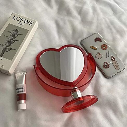 1Pc Acrylic Double Side Makeup Mirror Cute Heart Shaped Cosmetic Mirror, Transparent Base Home Bedroom Desktop Make Up Mirror (Red) in Saudi Arabia