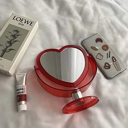 1Pc Acrylic Double Side Makeup Mirror Cute Heart Shaped Cosmetic Mirror, Transparent Base Home Bedroom Desktop Make Up Mirror (Red) in Saudi Arabia