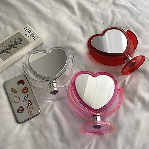 1Pc Acrylic Double Side Makeup Mirror Cute Heart Shaped Cosmetic Mirror, Transparent Base Home Bedroom Desktop Make Up Mirror (Red) in Saudi Arabia