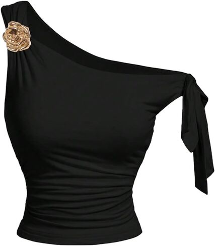 MakeMeChic Women's Off The Shoulder Crop Tops Metal Floral Ruched Knot Sleeveless Tank in Kuwait