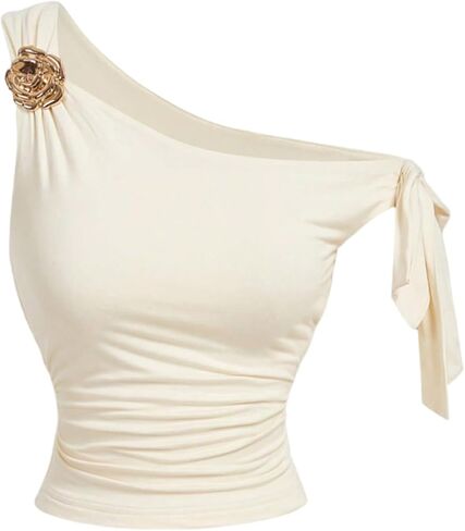 MakeMeChic Women's Off The Shoulder Crop Tops Metal Floral Ruched Knot Sleeveless Tank in Kuwait