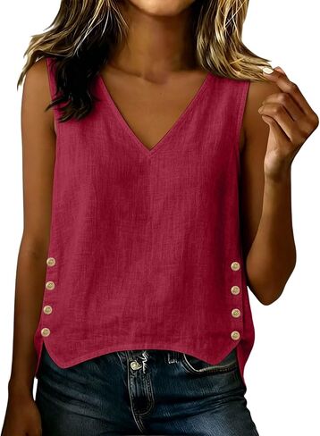 Sleeveless Tank Tops for Women 2026 V Neck Cotton Linen Side Split Buttons Tops Summer Lightweight Loose Shirts in Kuwait