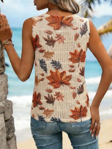 Women's Maple Leaf Print Crochet Tank Top - Sleeveless Loose Knit Summer Vest in Kuwait