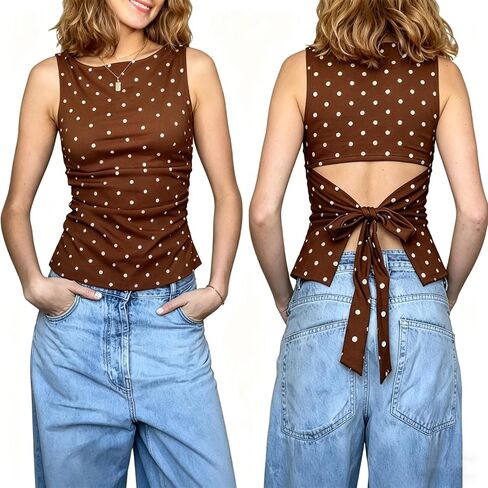 Women Polka Dot Tops Sexy Boat Neck Sleeveless Backless Bow Tie Slim Fitted Tank Top Vintage Basic Going Out Top in Saudi Arabia