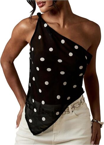 Women's Polka Dots Tank Tops One Shoulder Sleeveless Asymmetrical Hem Summer Going Out Top in Kuwait