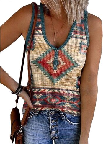 Women's Western Tank Top,Aztec Tribal Print,V-Neck Button Detail Sleeveless Shirt in Saudi Arabia