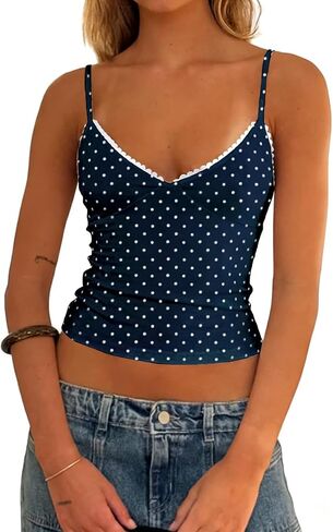 Women Y2k Polka Dot Cami Top Sexy Lace Trim V Neck Spaghetti Strap Crop Tank Top Summer Going Out Vest Streetwear in Kuwait