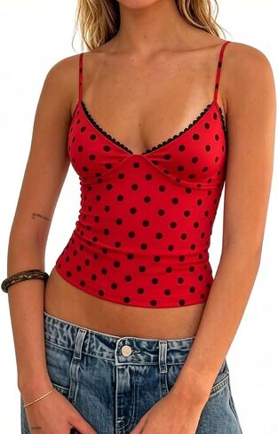 Women Y2k Polka Dot Cami Top Sexy Lace Trim V Neck Spaghetti Strap Crop Tank Top Summer Going Out Vest Streetwear in Kuwait