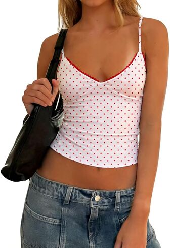 Women Y2k Polka Dot Cami Top Sexy Lace Trim V Neck Spaghetti Strap Crop Tank Top Summer Going Out Vest Streetwear in Kuwait