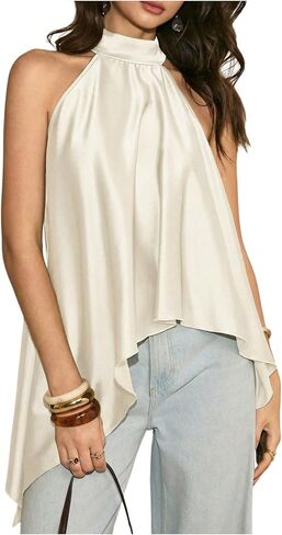 OYOANGLE Women's Satin Sleeveless Halter Top Asymmetrical Hem Flowy Party Night Out Y2K Going Out Tops in Kuwait