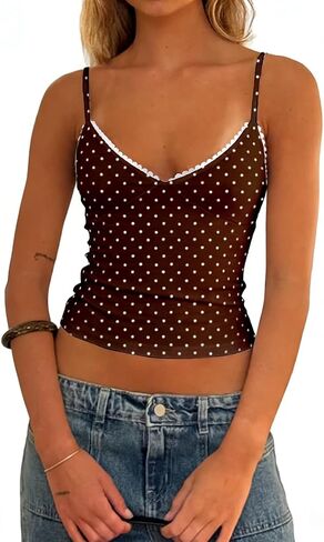 Women Y2k Polka Dot Cami Top Sexy Lace Trim V Neck Spaghetti Strap Crop Tank Top Summer Going Out Vest Streetwear in Kuwait