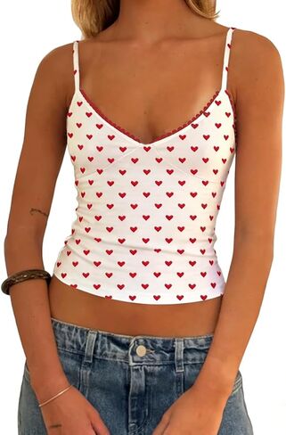 Women Y2k Polka Dot Cami Top Sexy Lace Trim V Neck Spaghetti Strap Crop Tank Top Summer Going Out Vest Streetwear in Kuwait