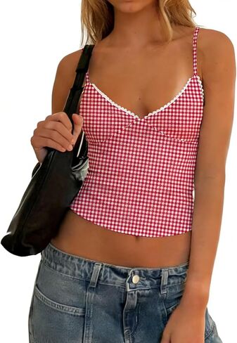 Women Y2k Polka Dot Cami Top Sexy Lace Trim V Neck Spaghetti Strap Crop Tank Top Summer Going Out Vest Streetwear in Kuwait