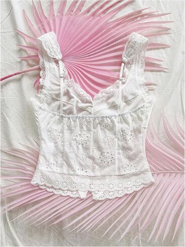 SHENHE Women's Lace Trim Eyelet Tank Tops Y2K Sweetheart Neckline Split Beach Vacation Crop Top in Kuwait