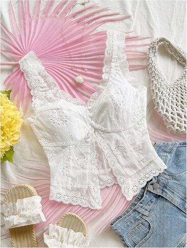 SHENHE Women's Lace Trim Eyelet Tank Tops Y2K Sweetheart Neckline Split Beach Vacation Crop Top in Kuwait