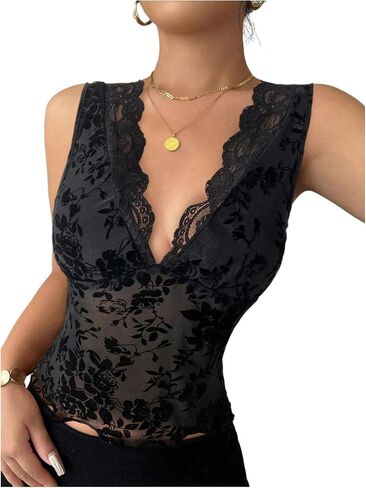 GORGLITTER Women's Lace Sheer Mesh Tops Y2K See Through Sleeveless Summer Going Out Country Concert Rave Tops Trendy in Kuwait