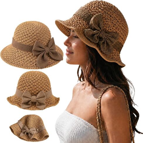 Retro Straw Hat with Ruffled Bow, Women Handmade Straw Bucket Sun Hat for Summer, Foldable Brim Cap for Beach Travel Daily in Saudi Arabia