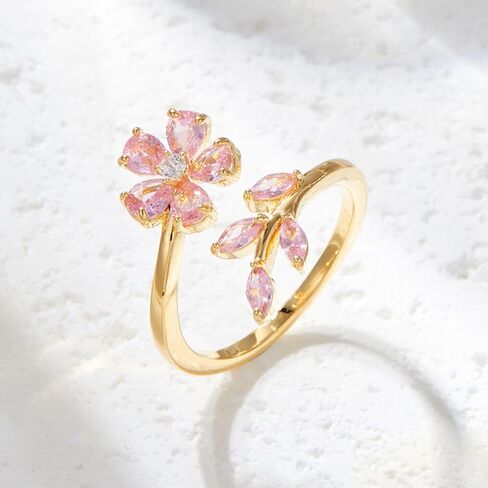 Dainty Pink Flower Ring for Women Gold Open Cherry Blossom Ring Lightweight Adjustable Floral Ring Trendy Statement Fashion Jewelry Accessories in Saudi Arabia