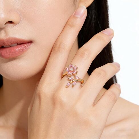 Dainty Pink Flower Ring for Women Gold Open Cherry Blossom Ring Lightweight Adjustable Floral Ring Trendy Statement Fashion Jewelry Accessories in Saudi Arabia