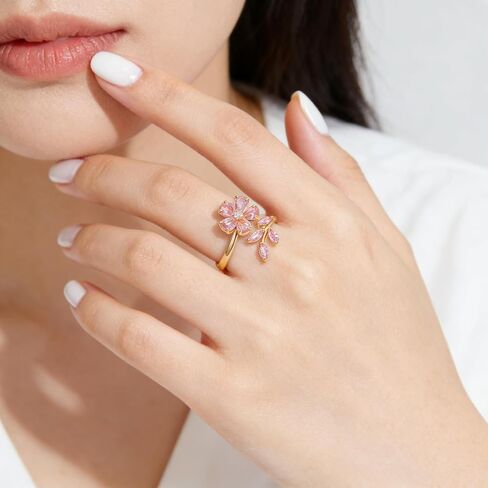 Dainty Pink Flower Ring for Women Gold Open Cherry Blossom Ring Lightweight Adjustable Floral Ring Trendy Statement Fashion Jewelry Accessories in Saudi Arabia