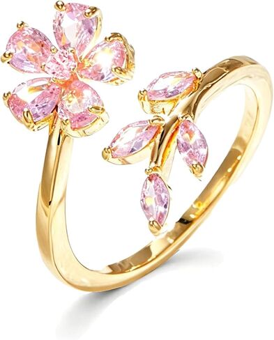 Dainty Pink Flower Ring for Women Gold Open Cherry Blossom Ring Lightweight Adjustable Floral Ring Trendy Statement Fashion Jewelry Accessories in Saudi Arabia