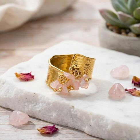 Rose Quartz Ring, Adjustable Non Tarnish Stainless Steel Rings for Women, Gold Vintage Chunky Y2K Jewelry in Saudi Arabia