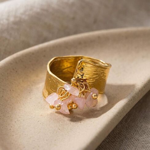 Rose Quartz Ring, Adjustable Non Tarnish Stainless Steel Rings for Women, Gold Vintage Chunky Y2K Jewelry in Saudi Arabia