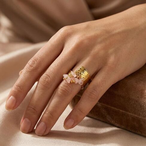 Rose Quartz Ring, Adjustable Non Tarnish Stainless Steel Rings for Women, Gold Vintage Chunky Y2K Jewelry in Saudi Arabia