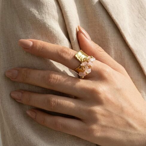 Rose Quartz Ring, Adjustable Non Tarnish Stainless Steel Rings for Women, Gold Vintage Chunky Y2K Jewelry in Saudi Arabia
